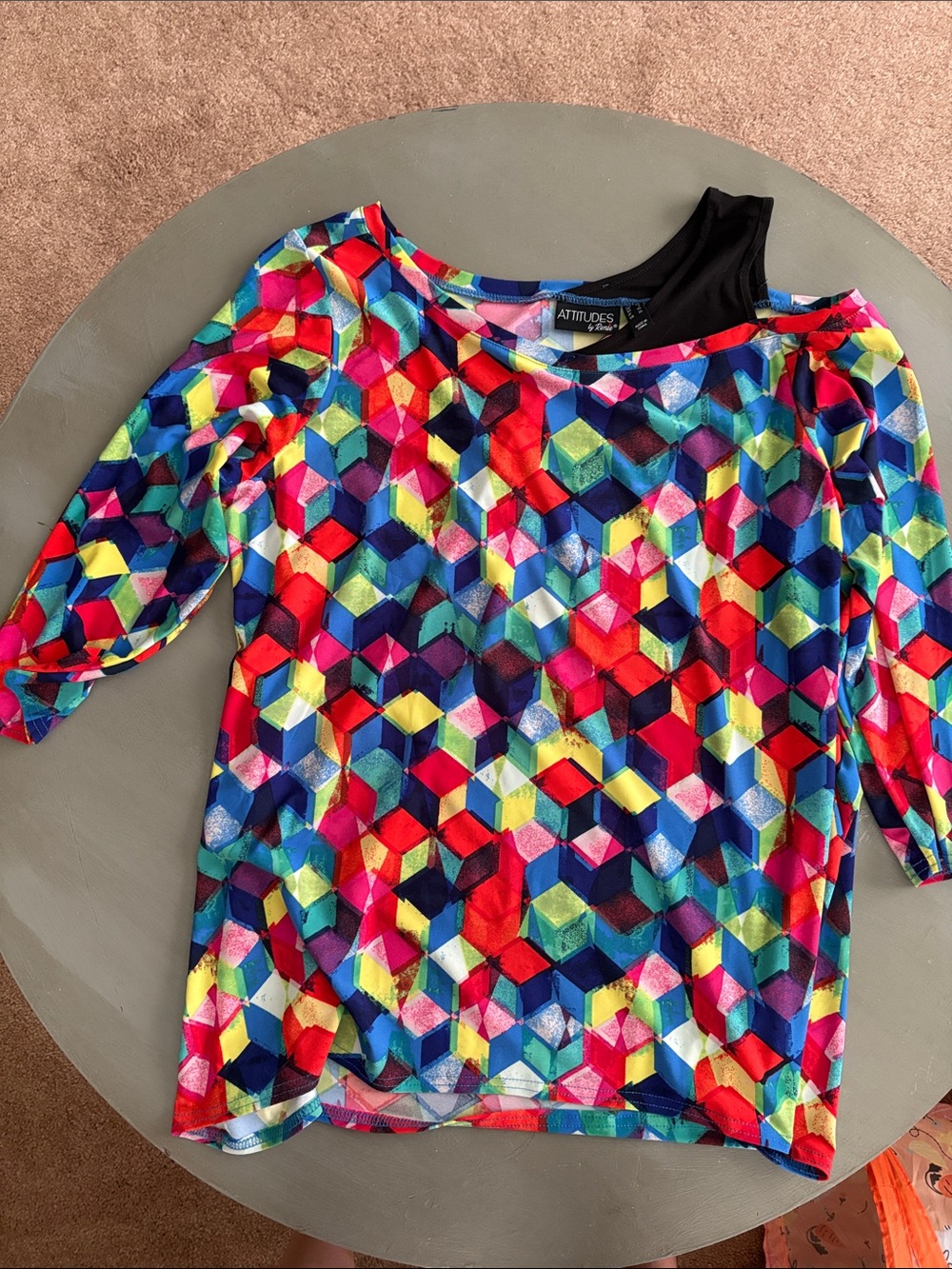 Attitudes by Renee Multicolor Geometric Cube Print Top with Black Trim